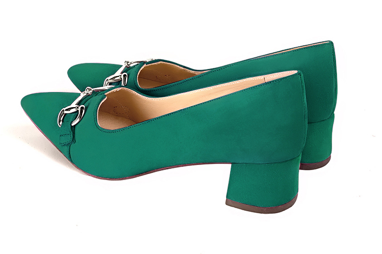 Emerald green women's dress pumps,with a square neckline. Tapered toe. Low flare heels. Rear view - Florence KOOIJMAN